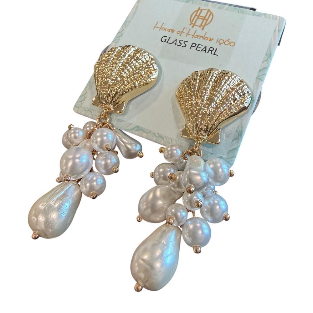 House of Harlow 1960 Gold Seashell Cascading Glass Pearl Earrings NWT
